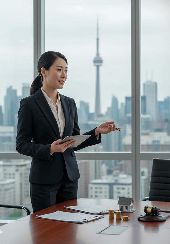 Real estate appraisal professional in a Toronto office overlooking the GTA skyline